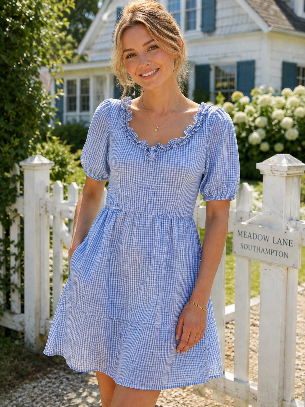 Draper James Blue Gingham Ruffle-Neck Mini Dress 100% Cotton